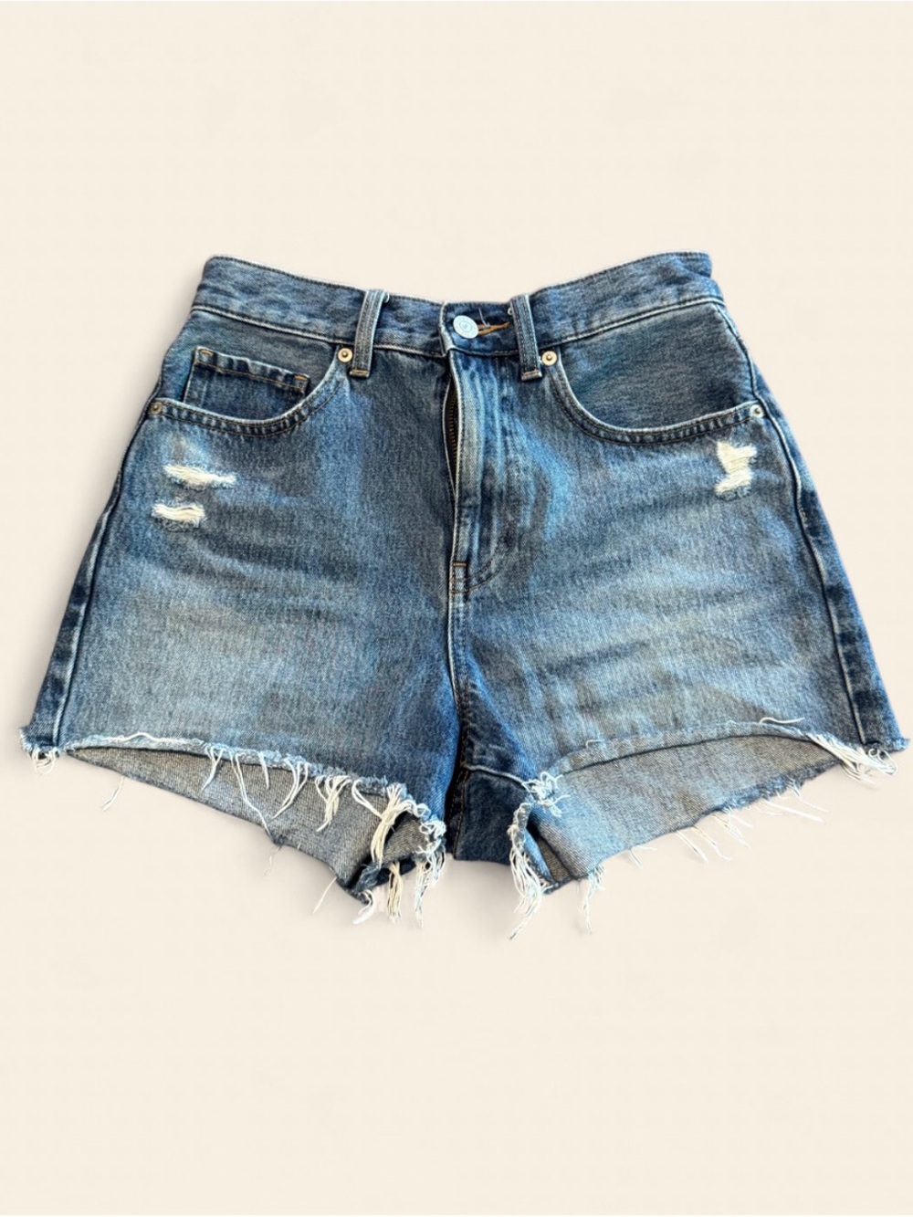 Uniqlo Distressed High-Rise Denim Shorts Womens Size 24 Medium Wash Blue